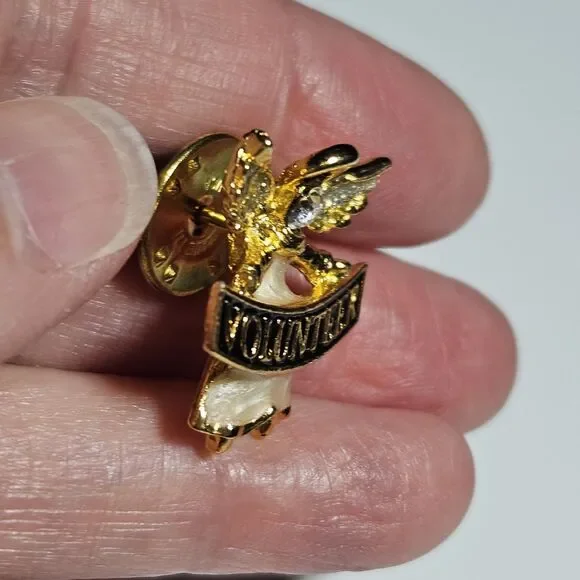 Volunteer Angel Ribbon Rhinestones Pin Gold Tone Lapel Enamel Collectible - Picture 3 of 9